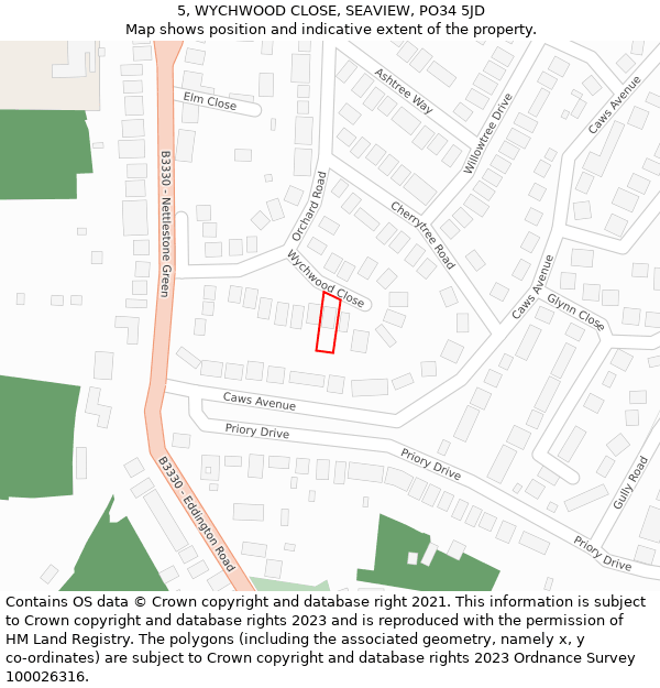 5, WYCHWOOD CLOSE, SEAVIEW, PO34 5JD: Location map and indicative extent of plot