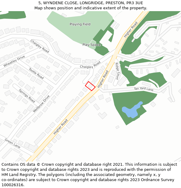 5, WYNDENE CLOSE, LONGRIDGE, PRESTON, PR3 3UE: Location map and indicative extent of plot