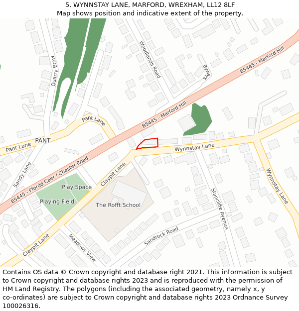 5, WYNNSTAY LANE, MARFORD, WREXHAM, LL12 8LF: Location map and indicative extent of plot