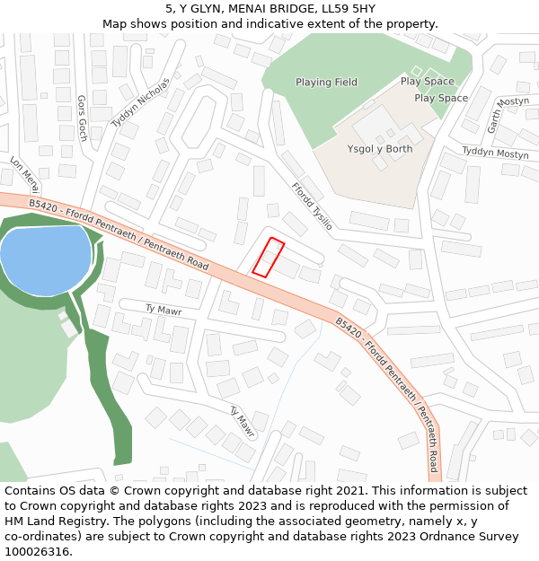 5, Y GLYN, MENAI BRIDGE, LL59 5HY: Location map and indicative extent of plot