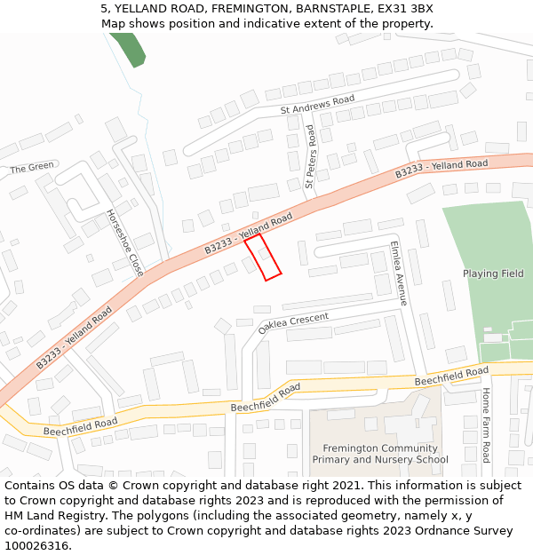 5, YELLAND ROAD, FREMINGTON, BARNSTAPLE, EX31 3BX: Location map and indicative extent of plot