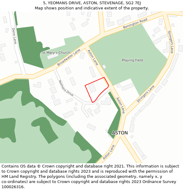 5, YEOMANS DRIVE, ASTON, STEVENAGE, SG2 7EJ: Location map and indicative extent of plot