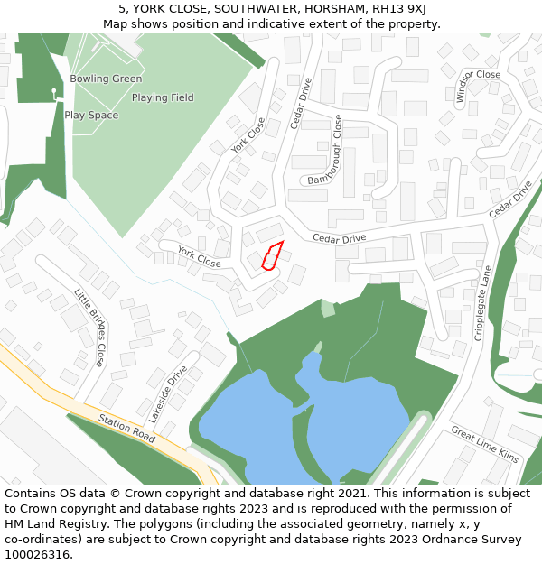 5, YORK CLOSE, SOUTHWATER, HORSHAM, RH13 9XJ: Location map and indicative extent of plot