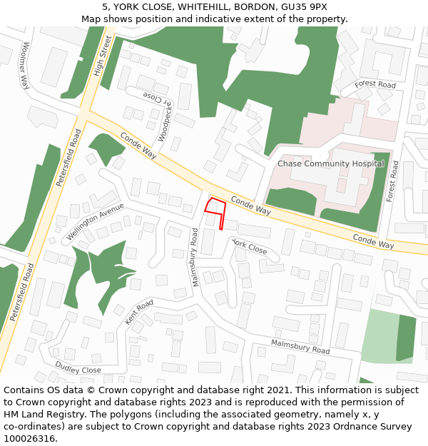 5, YORK CLOSE, WHITEHILL, BORDON, GU35 9PX: Location map and indicative extent of plot