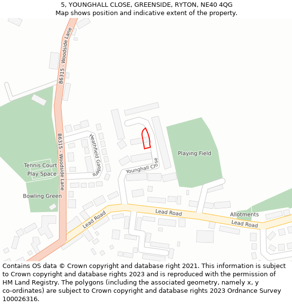 5, YOUNGHALL CLOSE, GREENSIDE, RYTON, NE40 4QG: Location map and indicative extent of plot