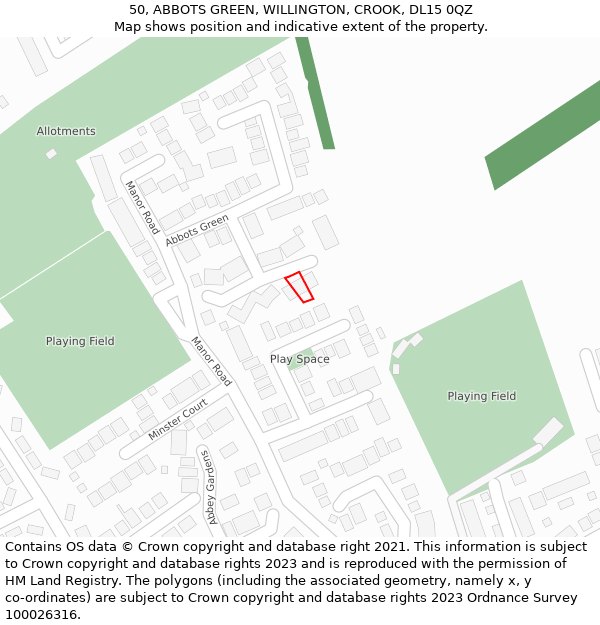 50, ABBOTS GREEN, WILLINGTON, CROOK, DL15 0QZ: Location map and indicative extent of plot