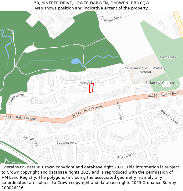 50, AINTREE DRIVE, LOWER DARWEN, DARWEN, BB3 0QW: Location map and indicative extent of plot
