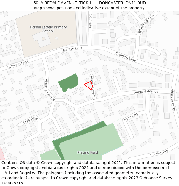 50, AIREDALE AVENUE, TICKHILL, DONCASTER, DN11 9UD: Location map and indicative extent of plot