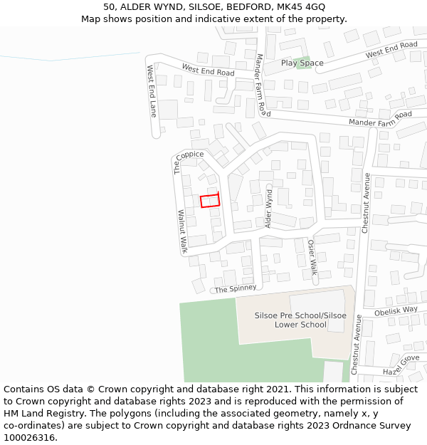 50, ALDER WYND, SILSOE, BEDFORD, MK45 4GQ: Location map and indicative extent of plot