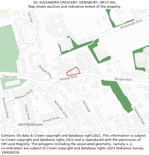 50, ALEXANDRA CRESCENT, DEWSBURY, WF13 4HL: Location map and indicative extent of plot