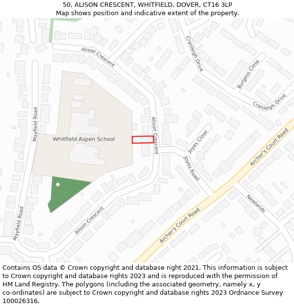 50, ALISON CRESCENT, WHITFIELD, DOVER, CT16 3LP: Location map and indicative extent of plot