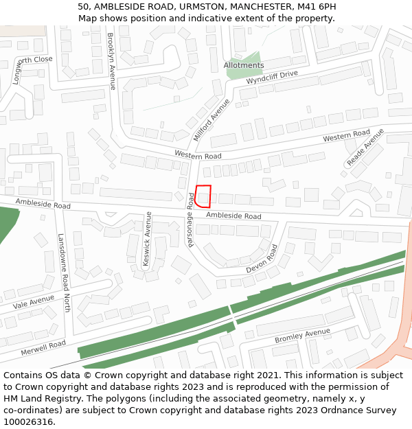 50, AMBLESIDE ROAD, URMSTON, MANCHESTER, M41 6PH: Location map and indicative extent of plot
