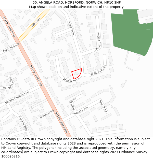 50, ANGELA ROAD, HORSFORD, NORWICH, NR10 3HF: Location map and indicative extent of plot