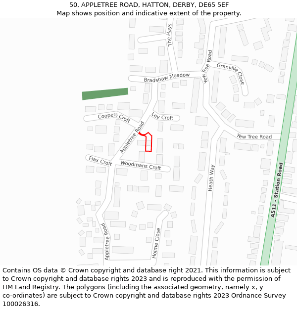 50, APPLETREE ROAD, HATTON, DERBY, DE65 5EF: Location map and indicative extent of plot