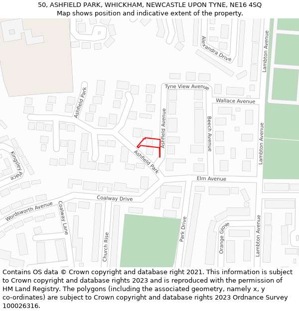 50, ASHFIELD PARK, WHICKHAM, NEWCASTLE UPON TYNE, NE16 4SQ: Location map and indicative extent of plot