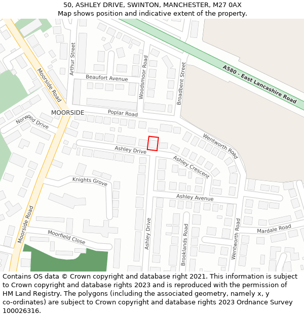 50, ASHLEY DRIVE, SWINTON, MANCHESTER, M27 0AX: Location map and indicative extent of plot