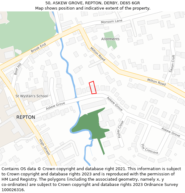 50, ASKEW GROVE, REPTON, DERBY, DE65 6GR: Location map and indicative extent of plot