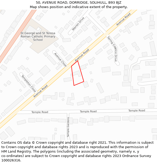 50, AVENUE ROAD, DORRIDGE, SOLIHULL, B93 8JZ: Location map and indicative extent of plot