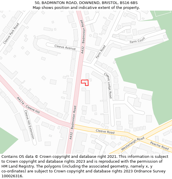 50, BADMINTON ROAD, DOWNEND, BRISTOL, BS16 6BS: Location map and indicative extent of plot
