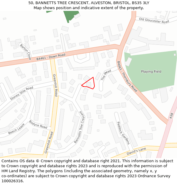 50, BANNETTS TREE CRESCENT, ALVESTON, BRISTOL, BS35 3LY: Location map and indicative extent of plot