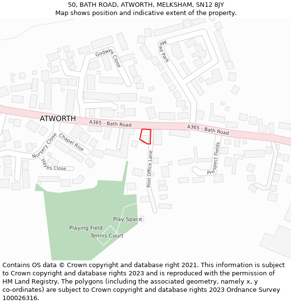 50, BATH ROAD, ATWORTH, MELKSHAM, SN12 8JY: Location map and indicative extent of plot