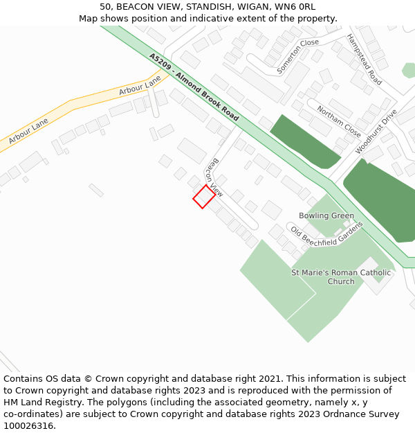 50, BEACON VIEW, STANDISH, WIGAN, WN6 0RL: Location map and indicative extent of plot