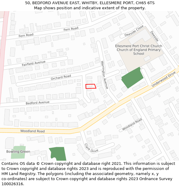 50, BEDFORD AVENUE EAST, WHITBY, ELLESMERE PORT, CH65 6TS: Location map and indicative extent of plot
