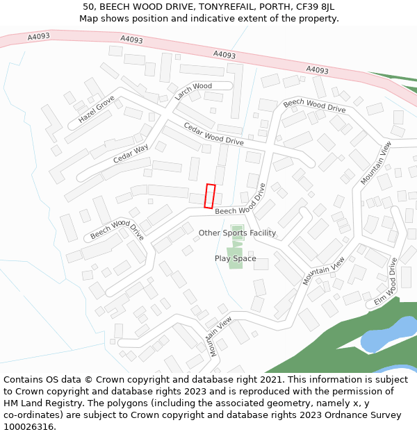 50, BEECH WOOD DRIVE, TONYREFAIL, PORTH, CF39 8JL: Location map and indicative extent of plot