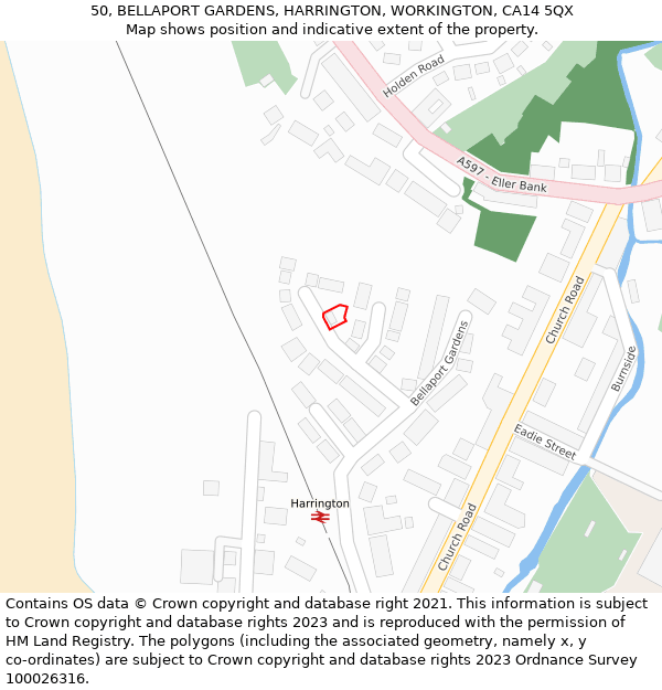 50, BELLAPORT GARDENS, HARRINGTON, WORKINGTON, CA14 5QX: Location map and indicative extent of plot