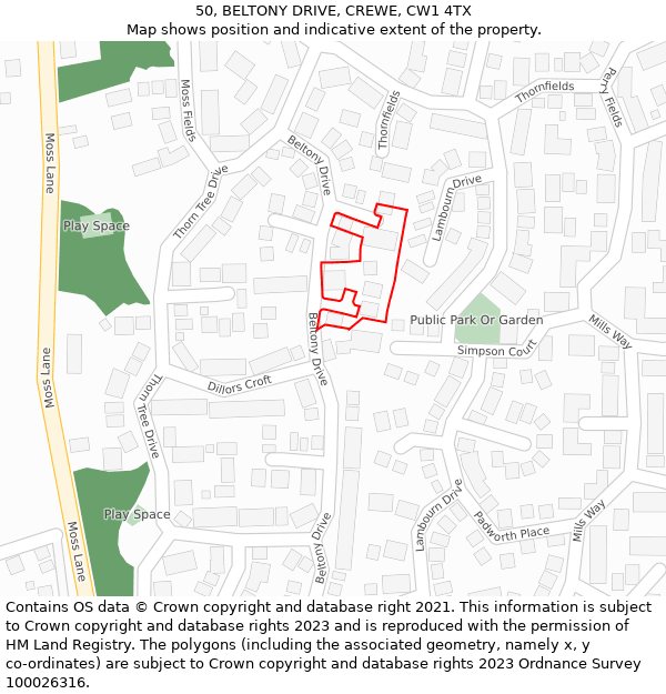 50, BELTONY DRIVE, CREWE, CW1 4TX: Location map and indicative extent of plot