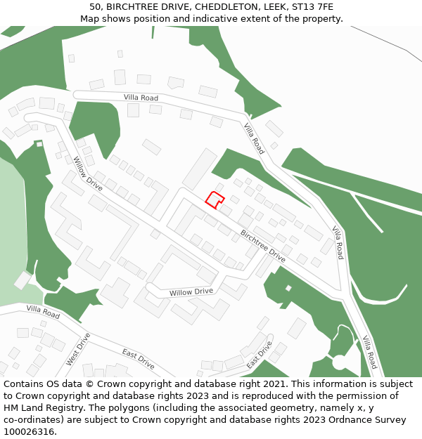 50, BIRCHTREE DRIVE, CHEDDLETON, LEEK, ST13 7FE: Location map and indicative extent of plot