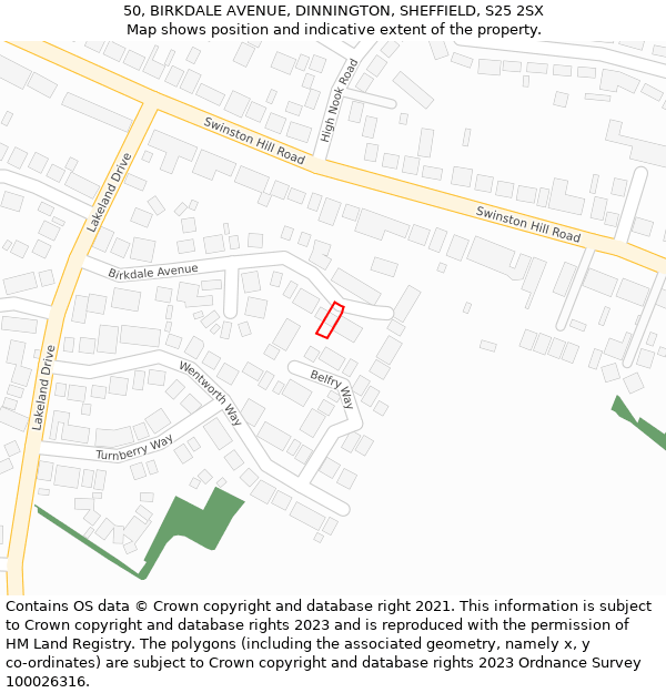 50, BIRKDALE AVENUE, DINNINGTON, SHEFFIELD, S25 2SX: Location map and indicative extent of plot