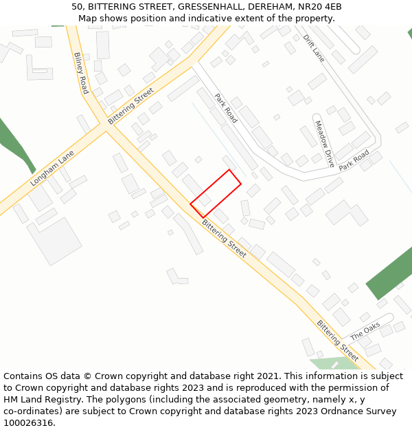 50, BITTERING STREET, GRESSENHALL, DEREHAM, NR20 4EB: Location map and indicative extent of plot