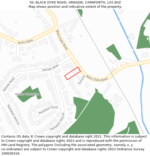 50, BLACK DYKE ROAD, ARNSIDE, CARNFORTH, LA5 0HZ: Location map and indicative extent of plot