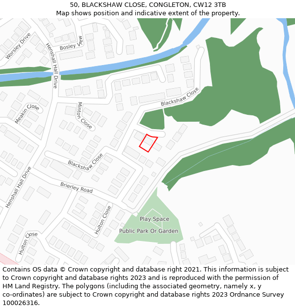 50, BLACKSHAW CLOSE, CONGLETON, CW12 3TB: Location map and indicative extent of plot