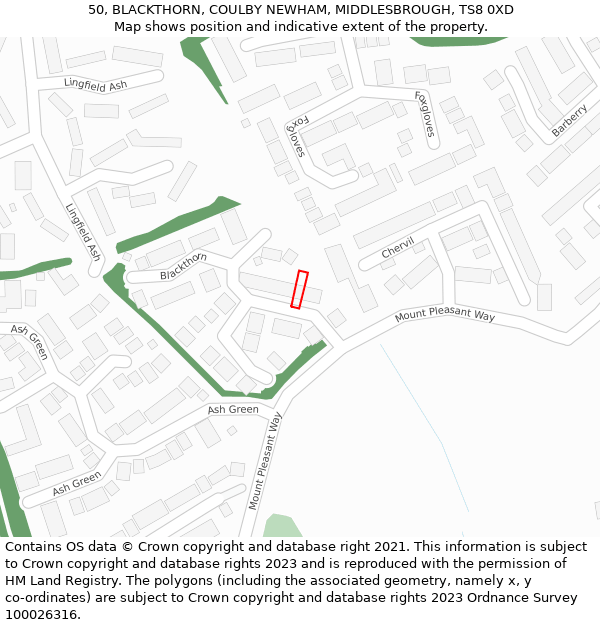 50, BLACKTHORN, COULBY NEWHAM, MIDDLESBROUGH, TS8 0XD: Location map and indicative extent of plot