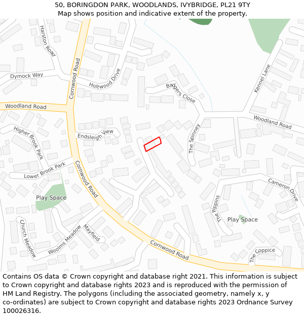 50, BORINGDON PARK, WOODLANDS, IVYBRIDGE, PL21 9TY: Location map and indicative extent of plot