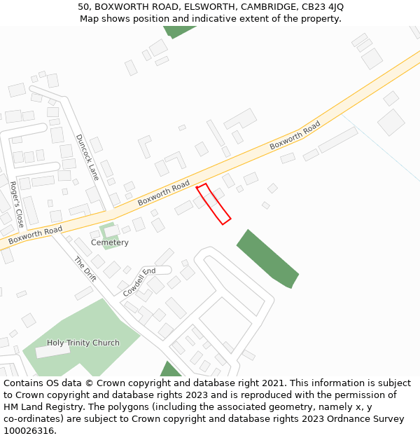 50, BOXWORTH ROAD, ELSWORTH, CAMBRIDGE, CB23 4JQ: Location map and indicative extent of plot