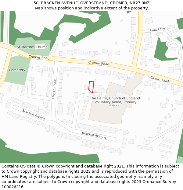 50, BRACKEN AVENUE, OVERSTRAND, CROMER, NR27 0NZ: Location map and indicative extent of plot