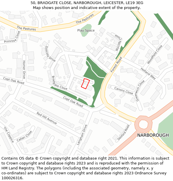 50, BRADGATE CLOSE, NARBOROUGH, LEICESTER, LE19 3EG: Location map and indicative extent of plot