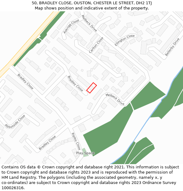 50, BRADLEY CLOSE, OUSTON, CHESTER LE STREET, DH2 1TJ: Location map and indicative extent of plot