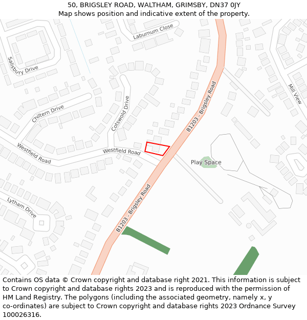 50, BRIGSLEY ROAD, WALTHAM, GRIMSBY, DN37 0JY: Location map and indicative extent of plot