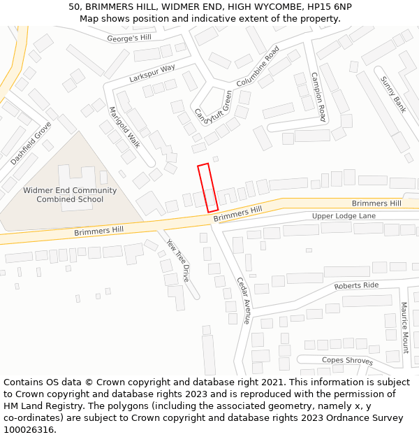 50, BRIMMERS HILL, WIDMER END, HIGH WYCOMBE, HP15 6NP: Location map and indicative extent of plot