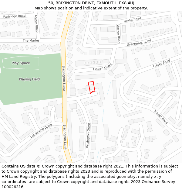 50, BRIXINGTON DRIVE, EXMOUTH, EX8 4HJ: Location map and indicative extent of plot