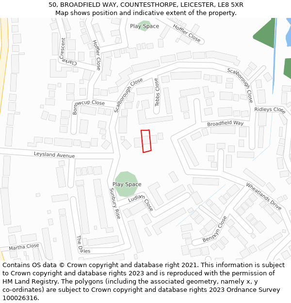 50, BROADFIELD WAY, COUNTESTHORPE, LEICESTER, LE8 5XR: Location map and indicative extent of plot