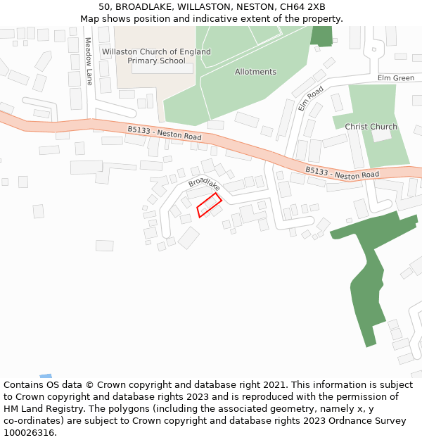 50, BROADLAKE, WILLASTON, NESTON, CH64 2XB: Location map and indicative extent of plot