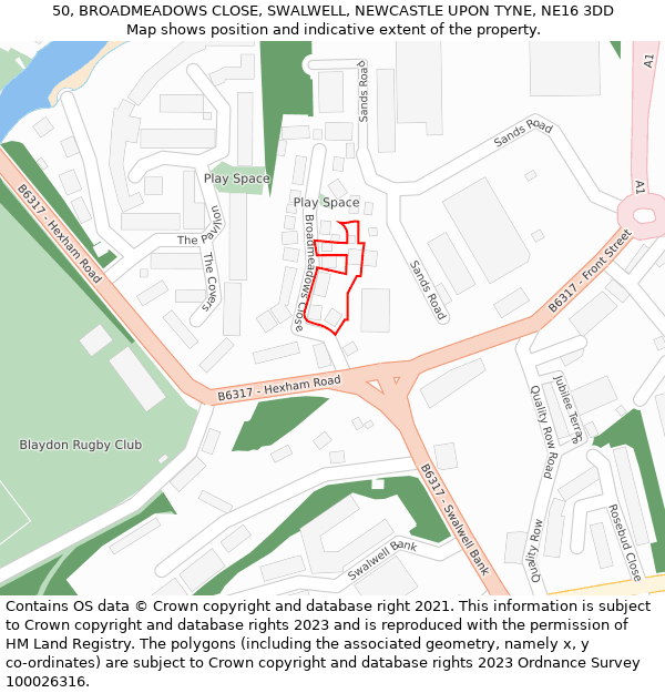 50, BROADMEADOWS CLOSE, SWALWELL, NEWCASTLE UPON TYNE, NE16 3DD: Location map and indicative extent of plot