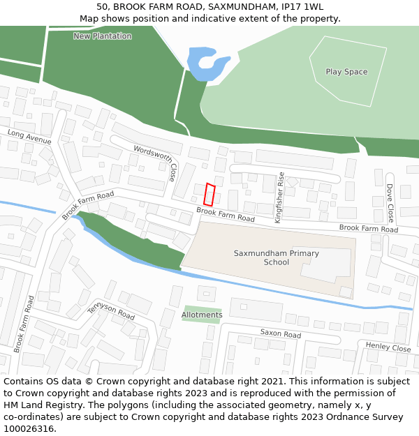 50, BROOK FARM ROAD, SAXMUNDHAM, IP17 1WL: Location map and indicative extent of plot