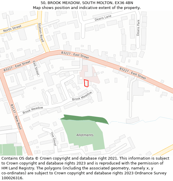 50, BROOK MEADOW, SOUTH MOLTON, EX36 4BN: Location map and indicative extent of plot