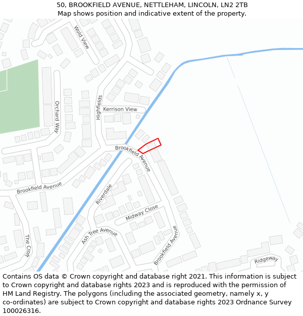 50, BROOKFIELD AVENUE, NETTLEHAM, LINCOLN, LN2 2TB: Location map and indicative extent of plot